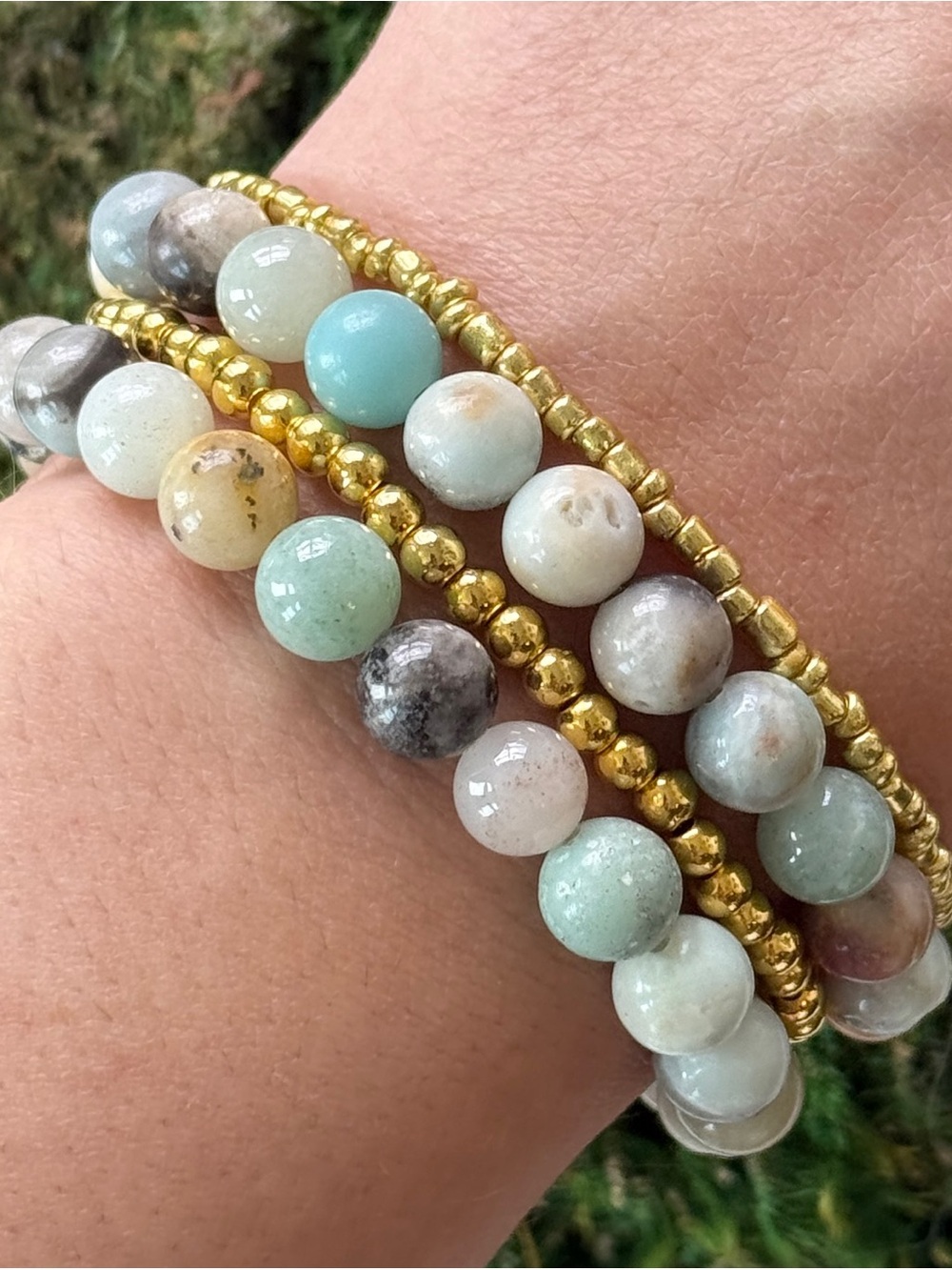 Natural Amazonite Bracelet Set 8mm Round Crystal Bead Gold Tone Accents Handmade